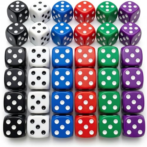 30Pcs Dice Set 6 Sided 16mm 6 Colors Acrylic Game Dice with Rounded Edges Smooth Rolling Dice for Board Games Party and Family Activities