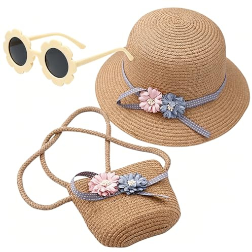 Girls Straw Hat, Sun Hat Set Mini Straw Handbag and Sunglasses Summer Beach Straws Cap Crossbody Bag Sets Beach Straws Hats Summer Travel Accessories for Beach,Vacation,Outdoor Activities(Beige)