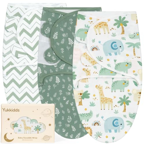 Yukkidds Baby Swaddle Blanket 0-3 Months, Swaddle Bag for Newborn | 100% Cotton, Soft & Breathable, Adjustable Fit, Quiet Hook & Loop, 3 Pack Swaddle Wrap, Baby Essentials, Green Lion