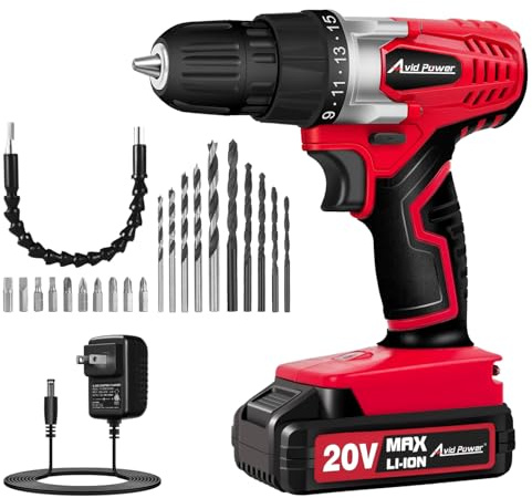 AVID POWER 20V Cordless Drill Set for Home DIY & Beginner Projects - Lightweight Power Drill with Battery Charger & 22 Bits, Variable Speed, 3/8 Keyless Chuck, Ideal for Furniture Assembly (Red)
