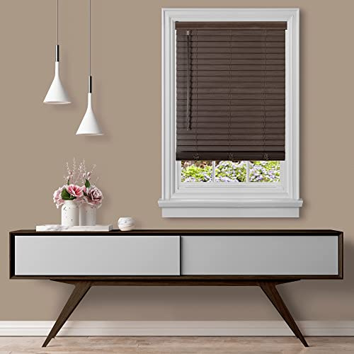 Cordless Room Darkening Plantation Blind - 32 Inch Width, 64 Inch Length, 2 Vinyl Slat Size - Mahogany - GII Madera Falsa Faux Wood, Light Filtering Horizontal Windows Blinds by Achim Home Decor