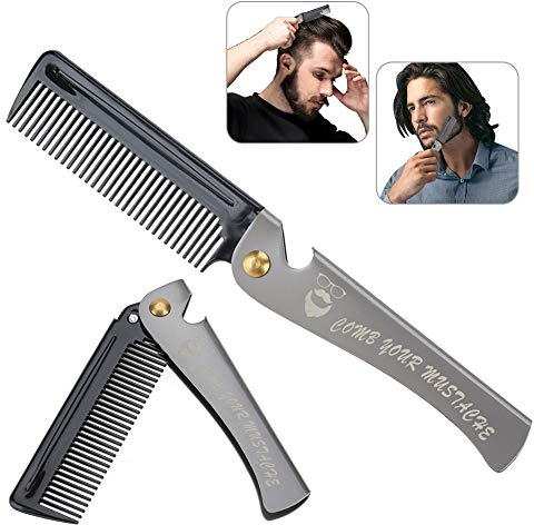 Peine de hombres, Herramienta de peluquería plegable para Barba y Pelo con mango de acero inoxidable para el alisado de bigotes y el peinado con aceite(#2)