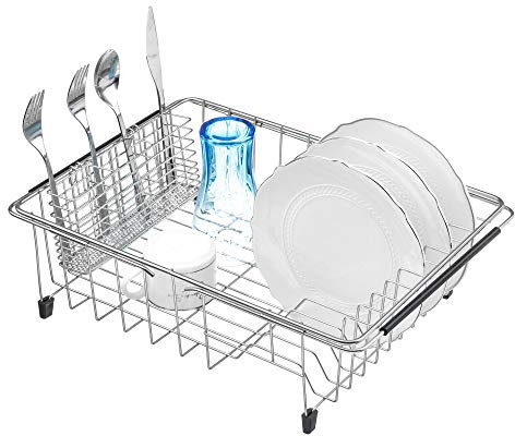 iPEGTOP Expandable Dish Drying Rack and Utensil Cutlery Holder, 304 Stainless Steel Over Sink Dish Rack, Dish Drainer in Sink or On Counter, Rustproof