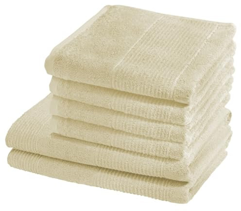 sleepling Marina 6er Set Handtuch (4 x 50 x 100 cm) und Duschtuch (2 x 70 x 140 cm), 100% Baumwolle 550 gr./m², Kordelaufhänger, Design Bordüre, Ökotex 100, Natur