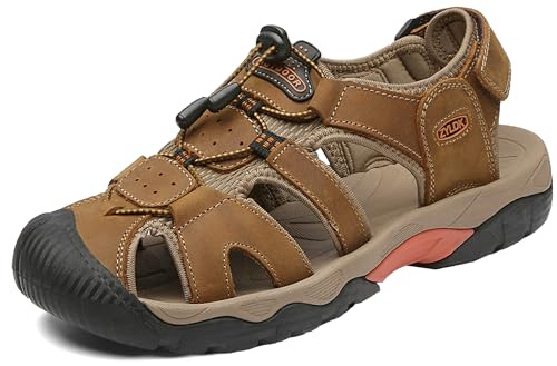 ZYLDK Sports Outdoor Sandals Summer Men's Beach Shoes Closed-Toe Shoes Leather Casual Trekking Walking Hiking Touch Close sandals for men Brown UK10