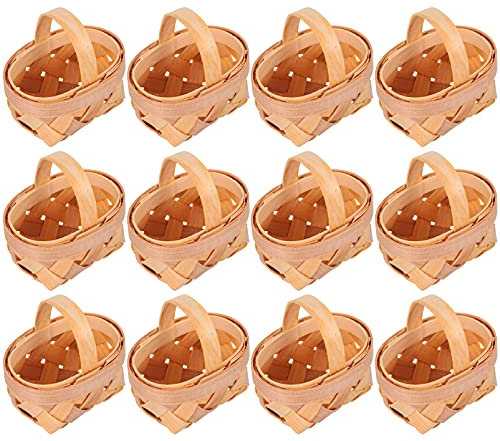 Cabilock 12pcs Easter Mini Woven Baskets with Handle Bamboo Chip Baskets Tree Hanging Ornaments for Wedding Party Favors Rustic Farmhouse Decor Wood Color
