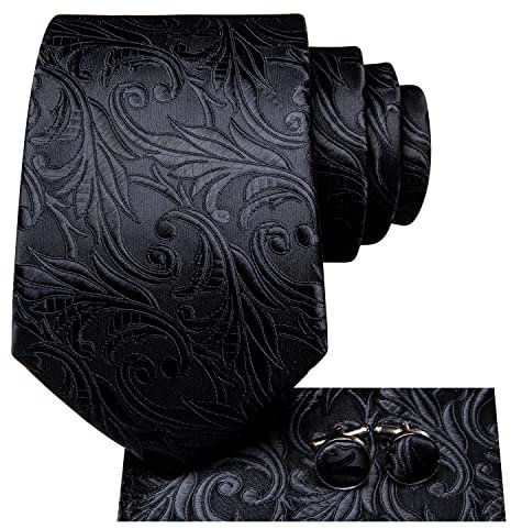 Hi-Tie Herren Krawatte Schwarz Paisley/Plaid/Streifen/Einfarbig Krawatten Set Einstecktuch Manschettenknöpfe Business Formal Hochzeit Meeting Geschenkbox,Schwarze