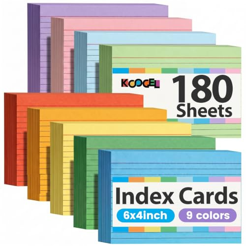Koogel Index Cards 4x6 Inch, 180 Count, Colored Large Flash Card for Studying, Heavy Notecard Note Taking for School Students Teachers College Office Home Supplies, 9 Assorted Colors