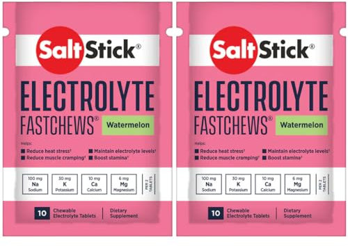 SaltStick Fastchews, Electrolyte Replacement Tablets for Rehydration, Exercise Recovery, Youth & Adult Athletes, Hiking & Sports Recovery, 2 x Packets of 10 Tablets (Watermelon)