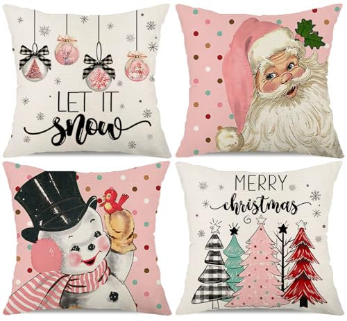 Rosa Weihnachtsdekorationen Kissenbezüge 40,6 x 40,6 cm Set mit 4 Punkten Weihnachtsmann Schneemann Schneeflocke Merry Christmas Balls Let It Snow Weihnachtsbaum Winter Urlaub Kissen Dekorative