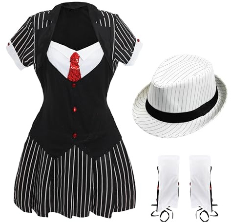 Costume da gangster da donna con cappello trilby, cappello trilby bianco, abito gessato nero, camicia bianca, cravatta con paillettes rosse e copriscarpe, perfetto per travestimenti anni '20, eventi
