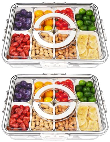 2-pack uppdelad serveringsbricka med lock och handtag, 8 fack behållare för mellanmålslåda, resebräda med lock, mellanmålslåda för vuxna – frukt, grönsaker, godis, mellanmålsbricka med lock
