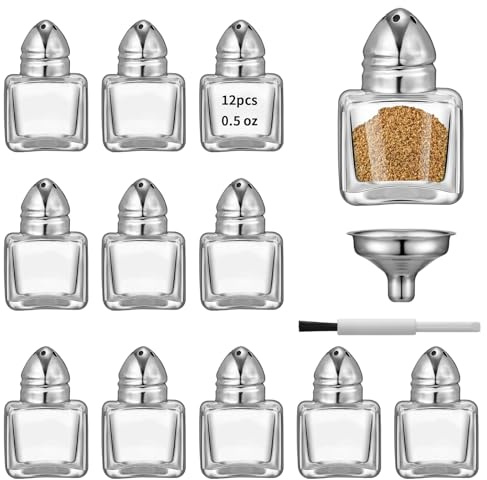 12 Pcs 0.5 oz Cube Shape Small Salt and Pepper Shakers with Tone Tops Clear Mini Glass Seasoning Jars Spice Salt Shakers with Funnel for Wedding Party Restaurant Home Kitchen (12, Silver)