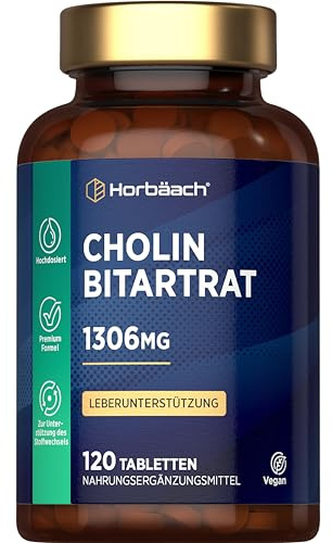 Colina Bitartrato 1305mg | 120 Compresse | Integratore di Colina ad Alto Dosaggio | Choline Bitartrate Supplement | Adatto ai Vegani | Horbaach