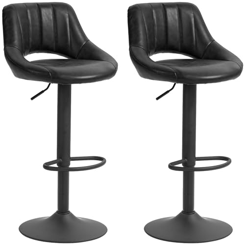HOMCOM Set da 2 Sgabelli da Bar con Altezza Regolabile 85-106cm e Poggiapiedi, Sgabelli Alti da Cucina e Soggiorno con Seduta Girevole in Finta Pelle, Nero