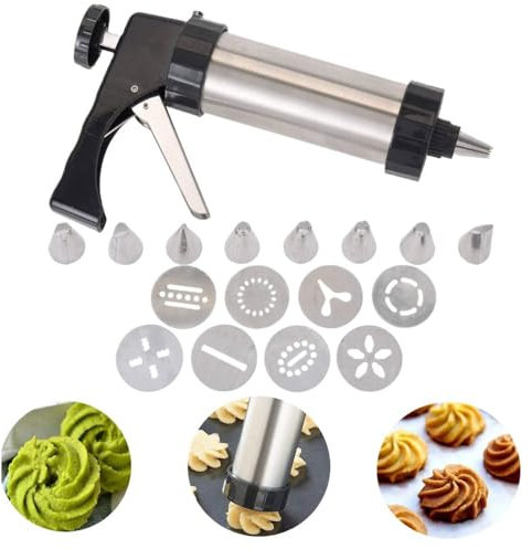 Envenzo Biscuit Press Gun Cookies Making Kit Cake Icing Decorating Biscuit - 17 PCS Set of 1 CookiePress 8 Cookie Discs 8 Icing Nozzles Biscuit Maker Set