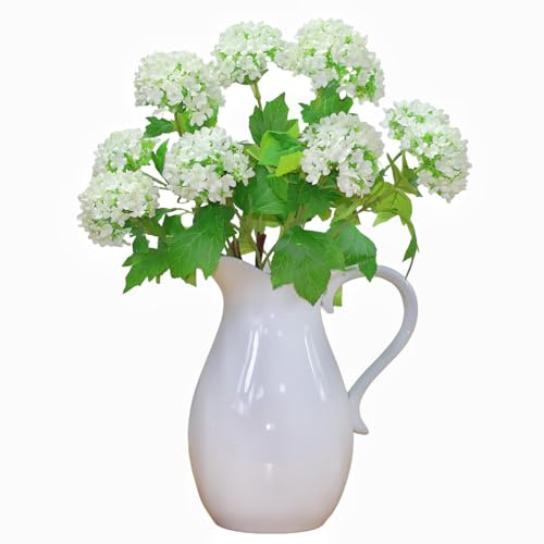 EUEUZLT Hydrangea Artificial Flowers Fake Hydrangeas - Silk Flowers 4 Pack 28 Inch Long with 12 Real Touch Blooms, Snowball Viburnum for Wedding and Home Decor (White)