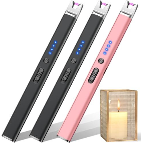 LcFun 3 Pack Candle Lighter Electric USB Rechargeable Plasma Arc Lighter with Safety Lock, Windproof Flameless Long Lighters for Candle, Grill, BBQ, Camping, Gas Stoves (2 Black, Rose Gold)