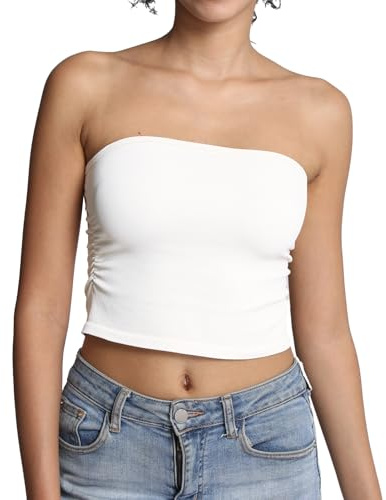Comfyin Tube Tops for Women Strapless Bandeau Sleeveless Crop Top Basic Backless Summer Going Out Tank Top,White,M