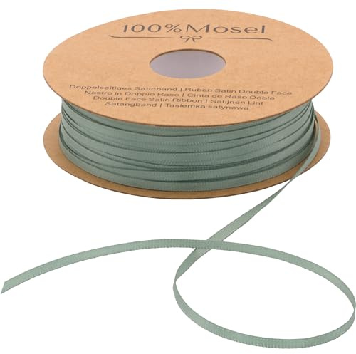 100% Mosel Satinband, in Eukalyptus Grün (3 mm x 100 m), matt glänzendes Geschenkband, edles Schleifenband zum Dekorieren & Basteln, zum Einpacken besonderer Geschenke, für Hochzeiten, Taufen, uvm.