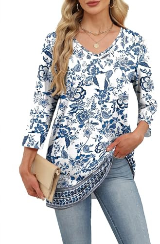 WIHOLL Womens 3/4 Sleeve Tops Ladies Blouse V Neck Tunic Long Sleeve T Shirts Office Wear Blue Plus Size 18-20 for UK