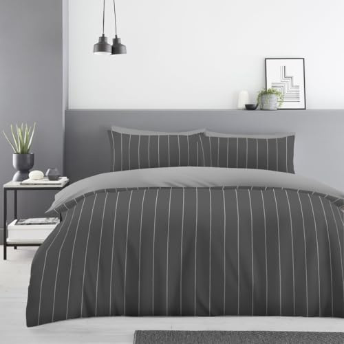 Lions Double Bed Bedding Sets - 100% Polyester Reversible Printed Pattern Quilt Duvet Cover with Pillowcase, Soft Striped Pattern, Bed Linen, Charcoal Grey