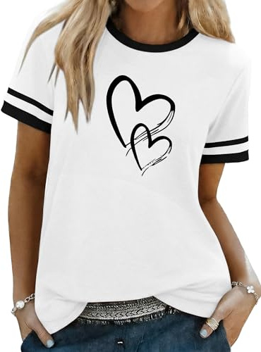 Aottori T Shirt Femme Coton Col Rond Manches Courtes Imprimé Coeur Basique | Respirant léger, Souple extensible, Été quotidien, Loisirs et voyage, Sport décontracté, Y2K graphique