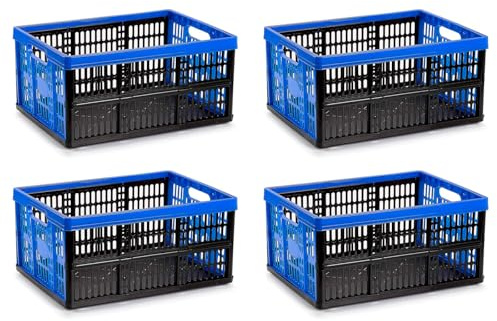 AC - Pack de 4 Cajas Plegables de Plástico 32 Litros - Contenedor Resistente con Asas, Capacidad 18 kg, 48 x 35 x 23 cm, Ideal para Almacenaje y Transporte - Color Azul