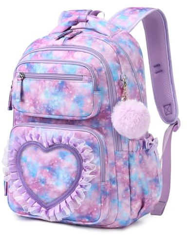 Sisipoet Cartable Fille Primaire avec Fenêtre en Forme de Cœur pour École | Sac à Dos Enfant, Multi-Poches, Sangle Valise, Décoration en Nœud, Sangle de Bagage, Sac à Dos École & Collège