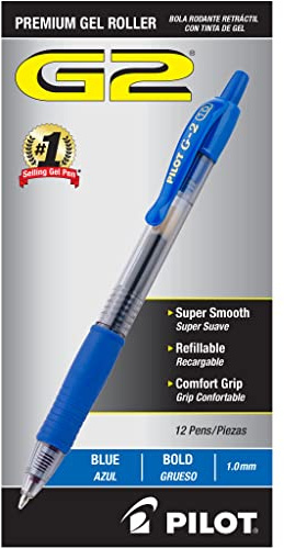 PILOT G2 Premium Refillable & Retractable Rolling Ball Gel Pens, Bold Point, Blue Ink, 12-Pack (31257)