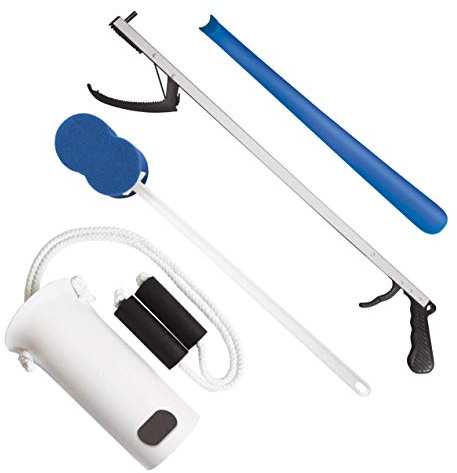 Rehabilitation Advantage 4 Piece Economy Hip or Knee Replacement Recovery Kit. Package Includes a 26-inch Reacher Grabber, Sock Aid, 17-Inch Plastic Shoehorn and 21 Inch Bath Sponge.