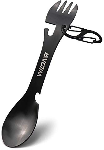 WILDAIR Stainless Steel Spork Camping Utensil with Knife Spoon Fork Bottle Can Opener 5 in1 Functional Multi Flatware (Black)