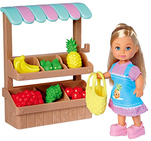 Simba 105733563 - Simba Love Fruit Stand, Puppe mit Marktstand, Früchte und Netztasche, Minipuppe 12cm, ab 3 Jahren 105733563