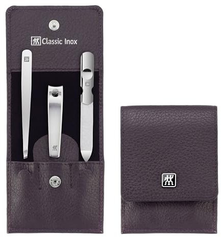ZWILLING Set de manicura (3 piezas, cuidado de uñas y pedicura, estuche de piel auténtica, con cortaúñas), acero inoxidable pulido, antracita