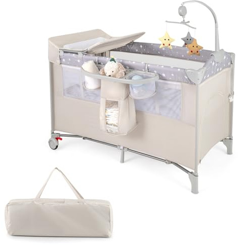 COSTWAY 5 in 1 Lettino per Bambini con Materasso, Lettino Culla da Viaggio per Neonati, Culla Neonato con Fasciatoio, Box Portatile Pieghevole, con Ruote e Borsa, 125 x 65 x 119 cm (Beige)
