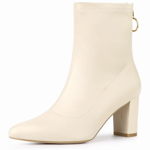 Allegra K Women Dark Green Pointy Toe Back Zip Chunky Heel Ankle Boots