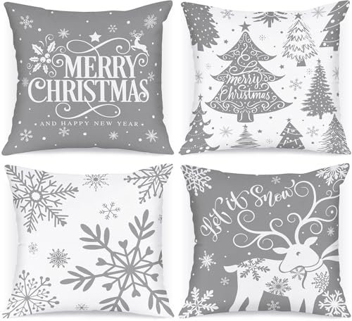 Lanpn 4 Stück Weiß und Grau Kissenbezug Weihnachten Kissenhülle 40x40 cm, Winterliche Schneeflocken Dekorative Weihnachtskissen für Weihnachtsdeko Christmas Bettwäsche Sofa Decorations, Druck (Grau)