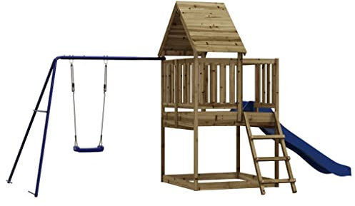 vidaXL Outdoor Playset Made of Impregnated Pine Wood - Garden Climbing Frame with Single Swing Set, Wave Slide, Balance-Aiding A-Shaped Legs, and Sandpit for Imaginative Adventures