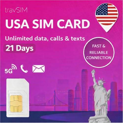 travSIM USA SIM Karte | T-Mobile Netz | Unbegrenzte Daten, Anrufe & Texte in den USA | SIM Karte USA funktioniert auf iOS & Android Geräten | SIM USA 21 Tage