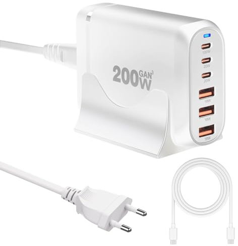 200W Cargador USB C Multiple, 6 Puertos GAN III Cargador Rapida Tipo C, Estación de Carga USB, PD+QC Adaptador de Corriente para iPhone Samsung iPad MacBook Portátil con 1,5m 100W USB C Cable - Blanco