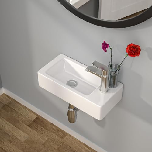 Kichae Small Bathroom Sink Wall Mounted - Wall Mounted Bathroom Sink Rectangle 15 x 7 with Faucet Hole Right Hand Tiny White Ceramic Wash Basin