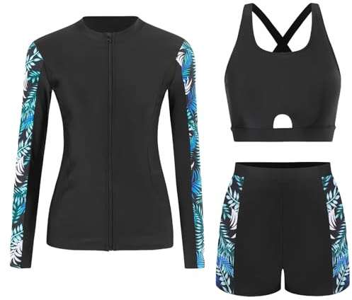 Ausing Ensembles Rashguard pour Femmes Rashguard de Wakeboard Ensemble Maillot de Surf Plage Maillot avec Tankini + Shorts S-XXL