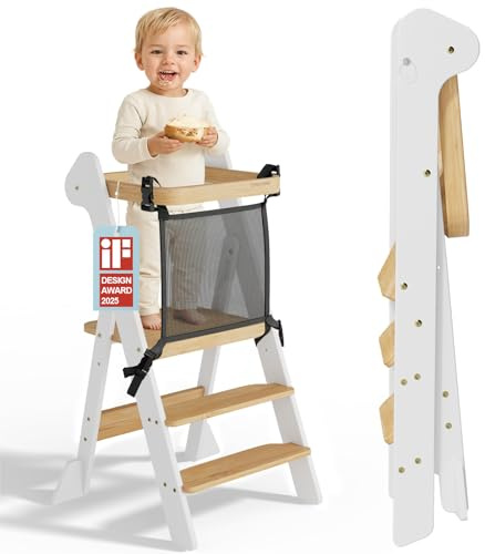 COSYLAND Torre pieghevole per bambini con rete di sicurezza, con design IF, sgabello da cucina regolabile in altezza per bambini, sgabello salvaspazio per l'apprendimento con blocchi di supporto
