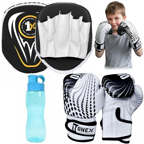 ONEX Boxing Gloves and Pads Kids Boxing Set for Kickboxing & MMA Muay Thai Punching Glove Flat Boxing Pads With Water Bottle Martial Arts Training for Kids and Junior (BLACK, 4oz)