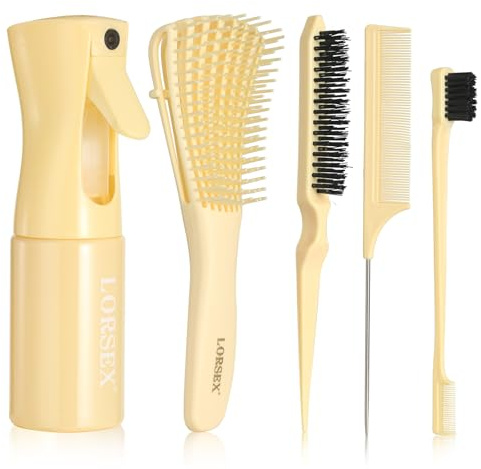 LORSEX Cepillo para el cabello con botella de spray de 200 ml, cepillo desenredante para cabello negro natural, tipo afroamericano 3a-4c, juego de 3 cepillos lisos (amarillo)