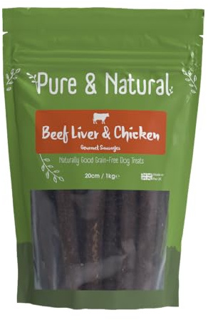 Pure & Natural Beef Liver & Chicken Dog Sausages 1kg - 20cm High-Protein Grain-Free Meat Treats for Training & Rewards - Delicious Natural Hypoallergenic Snack - Made in Britain