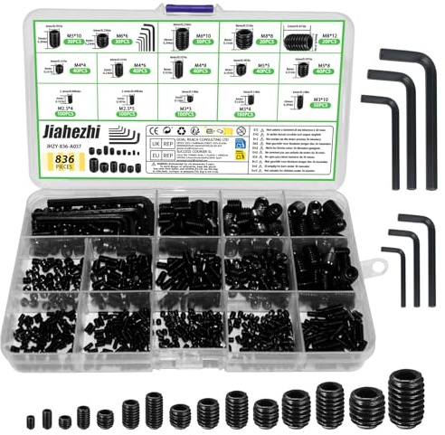 836 Pcs Grub Screw Assortment Set, Hex Socket Head Screws, M2.5, M3, M4, M5, M6, M8 Sizes, Black Alloy Steel & Galvanised for Door Handles, Faucets, and Machinery