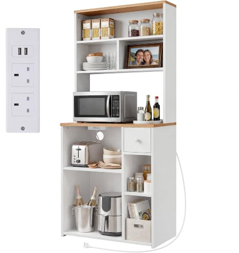 YITAHOME tall kitchen cabinet, 75*40*170cm, bakers rack with power outlet | kitchen cupboard with 2 AC outlets 2 USB ports Coffee Bar microwave shelf 29.5 x 15.7 x 67 inch Oak and White Fabric Drawer