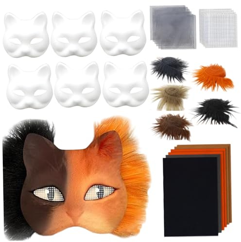 Faroby Kit de masque Therian, kit de masque chat vierge en papier pour bricolage avec bande fourrure, tissu en feutre pour fête mascarade, costume cosplay