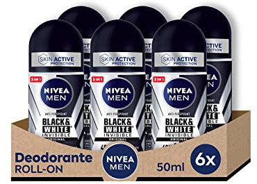 NIVEA MEN Black & White Invisible Original Roll-on 6 x 50 ml Deodorant Men 48h Deo Roll-on Anti-Transpirant gegen Gerüche, Schweiß, Rückstände, Irritationen und Flecken auf hellen und dunklen Stoffen